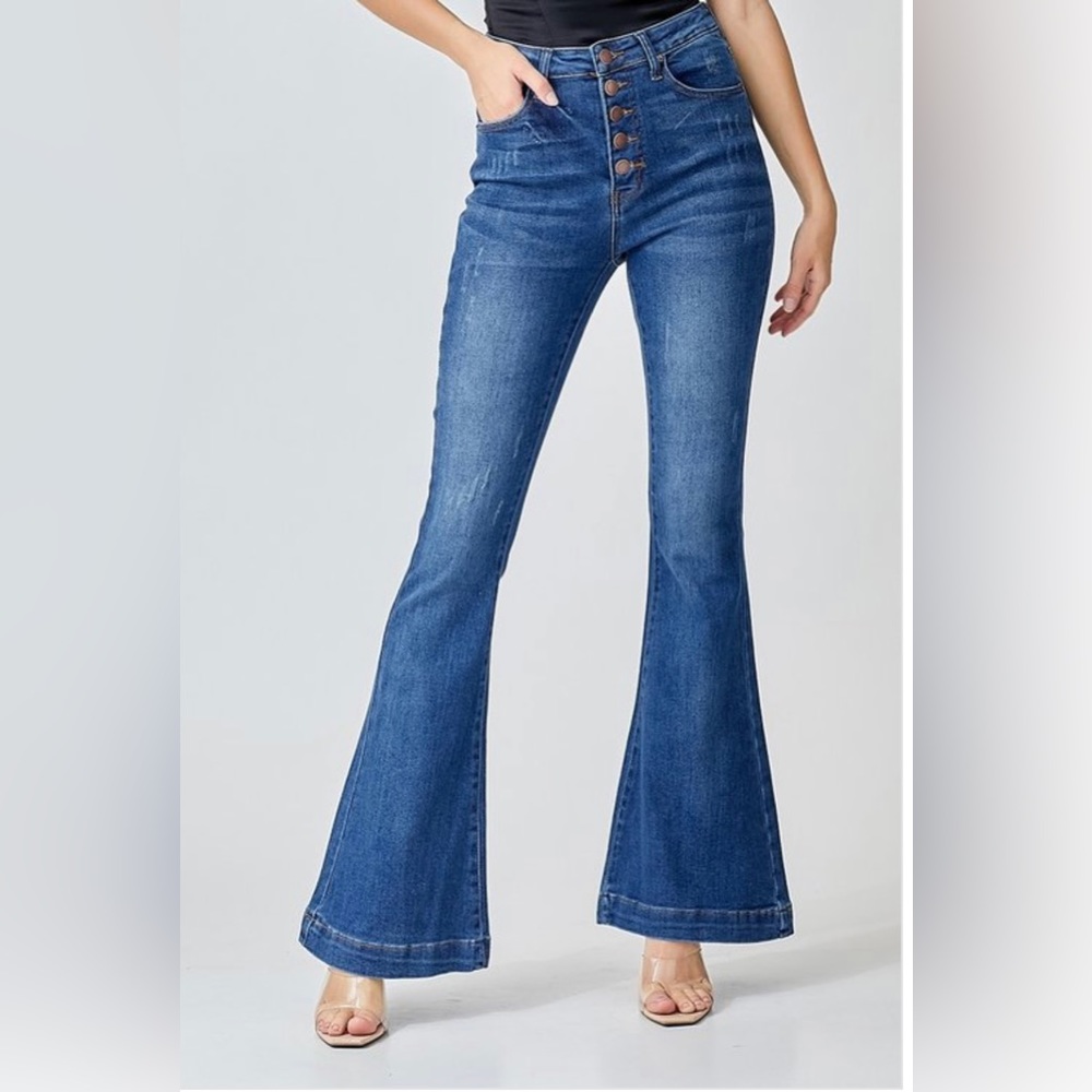 RISEN High Rise Button Fly Vintage Washed Flare Jeans